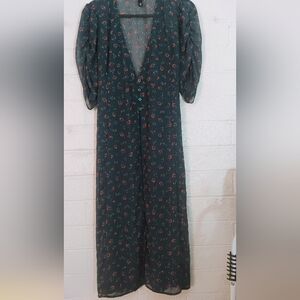 Torrid Teal Sheer Floral Cottagecore Short Ruched Sleeve Maxi Dress